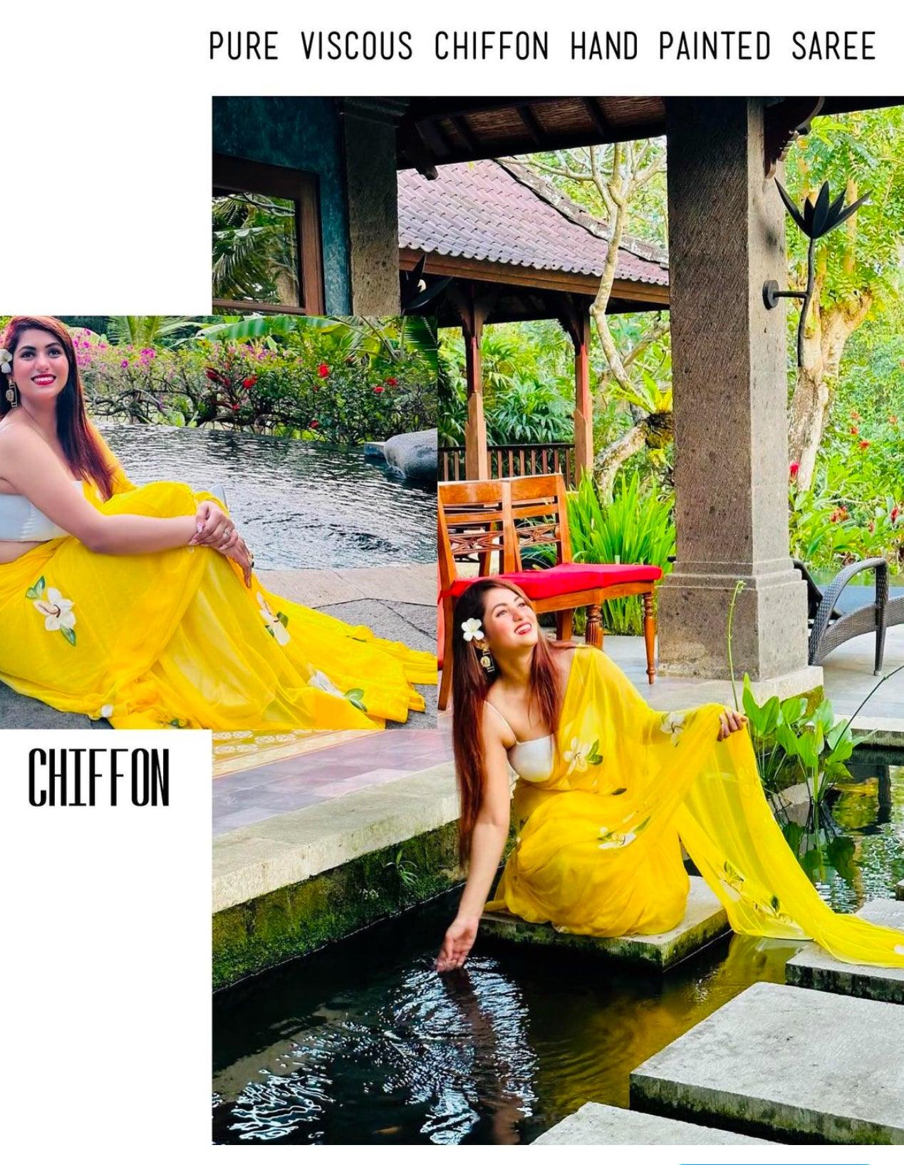 Monalisa - Yellow Handpainted Chiffon Saree - Vasaka Jaipur