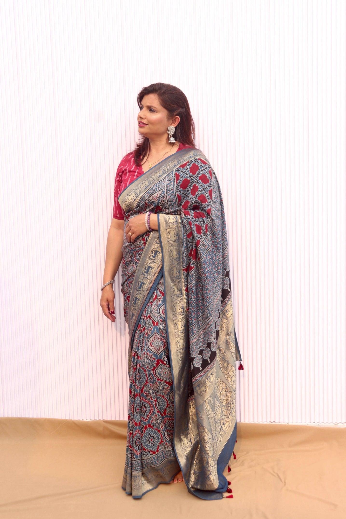 Indigo - Designer Ajrakh Handblock Premium Dola Silk Saree - Vasaka Jaipur