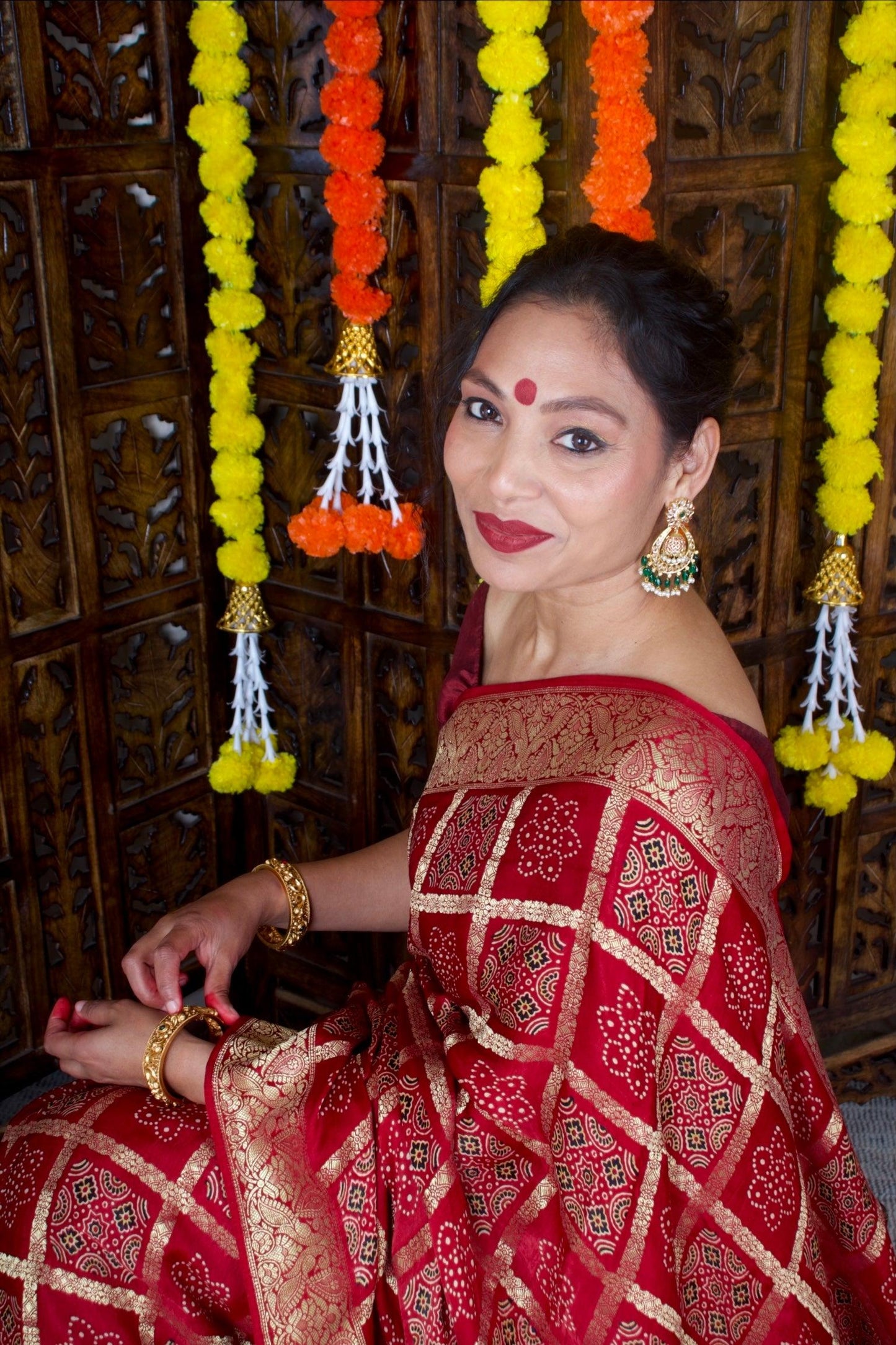 CHANDRIKA - Ajrakh Gharchola Red Modal Silk Saree - Vasaka Jaipur