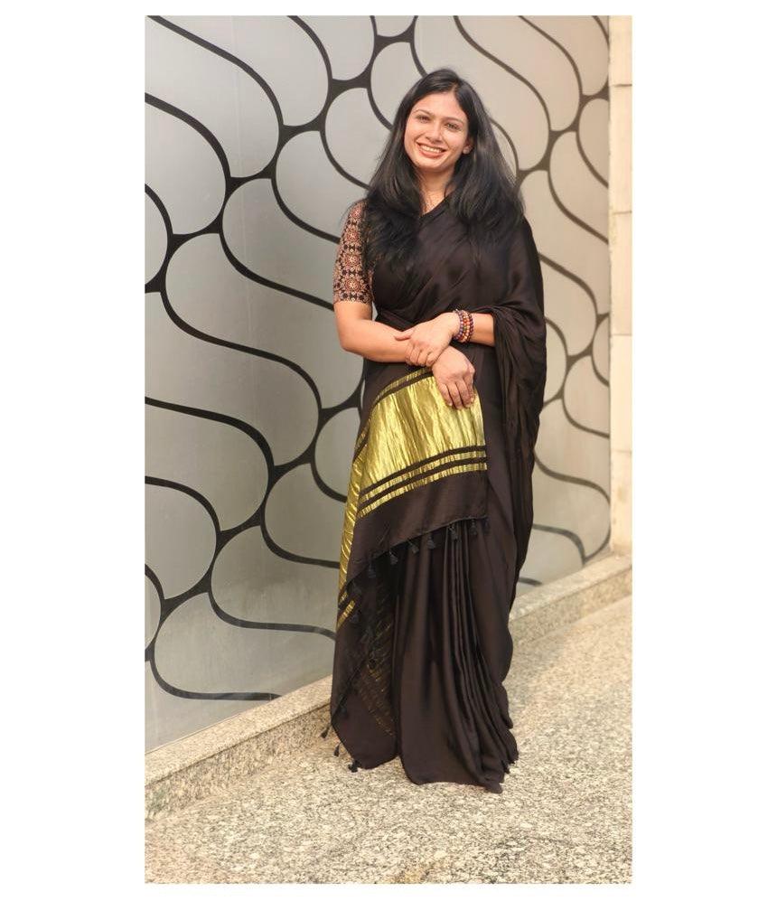 Black Colour Modal Plain Saree With Tissue Pallu - Vasaka Jaipur