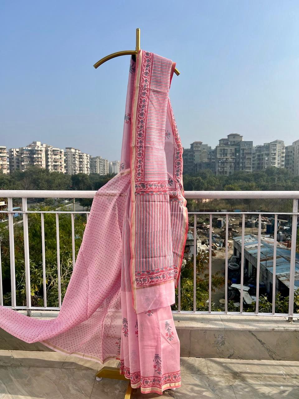 Pastel Pink Sanganer Handblock Cotton Silk Saree - Vasaka Jaipur