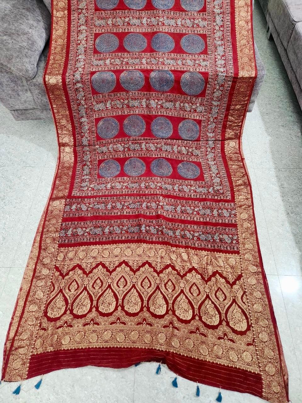 Red - Ajrakh Handblock Dola Silk Saree - Vasaka Jaipur