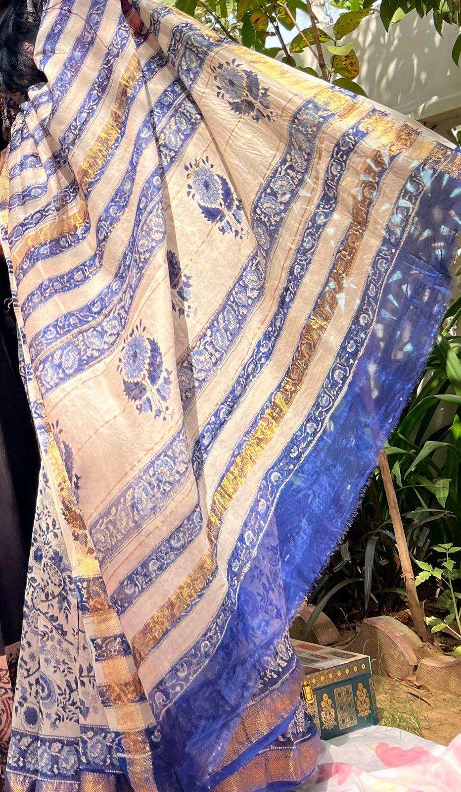 White Ink Blue-Handblock Maheshwari Silk Saree - Vasaka Jaipur