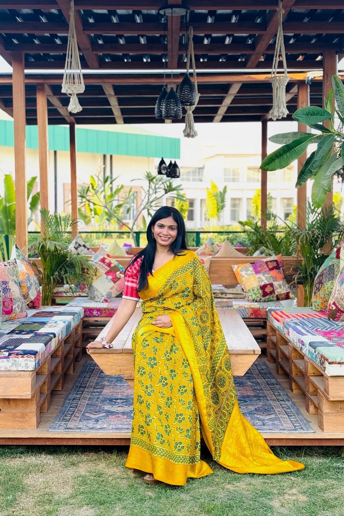 Yellow Gulistan - Designer Ajrakh Handblock Premium Dola Silk Saree