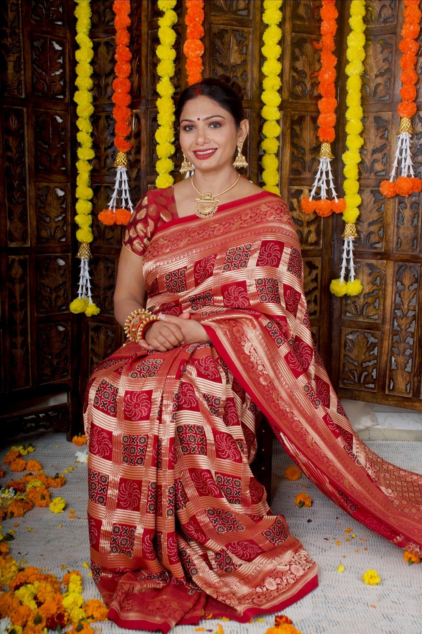 NIHARIKA - Ajrakh Gharchola Red Modal Silk Saree - Vasaka Jaipur