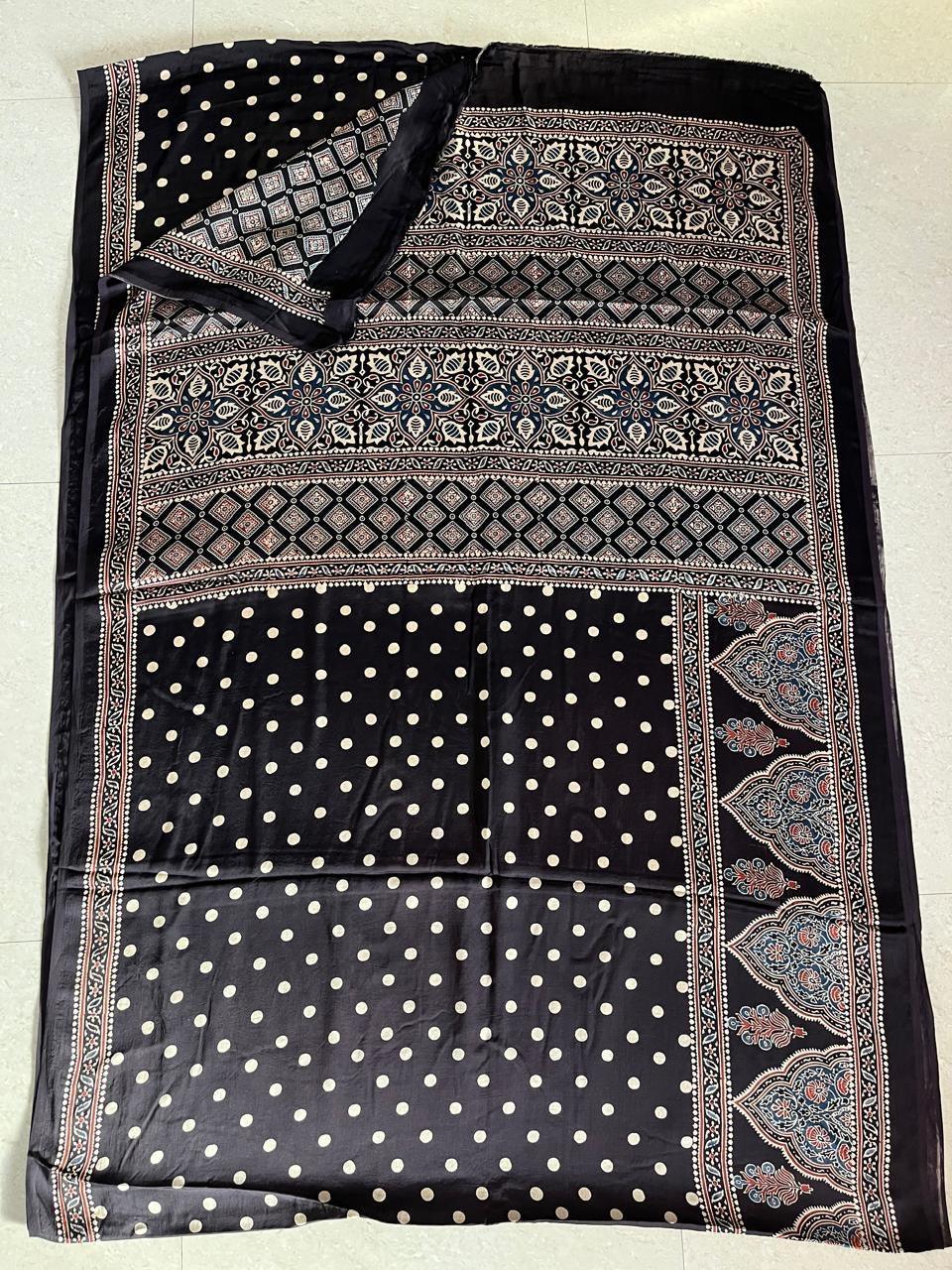 Black Dot - Handblock printed ajrakh premium modal silk saree - Vasaka Jaipur