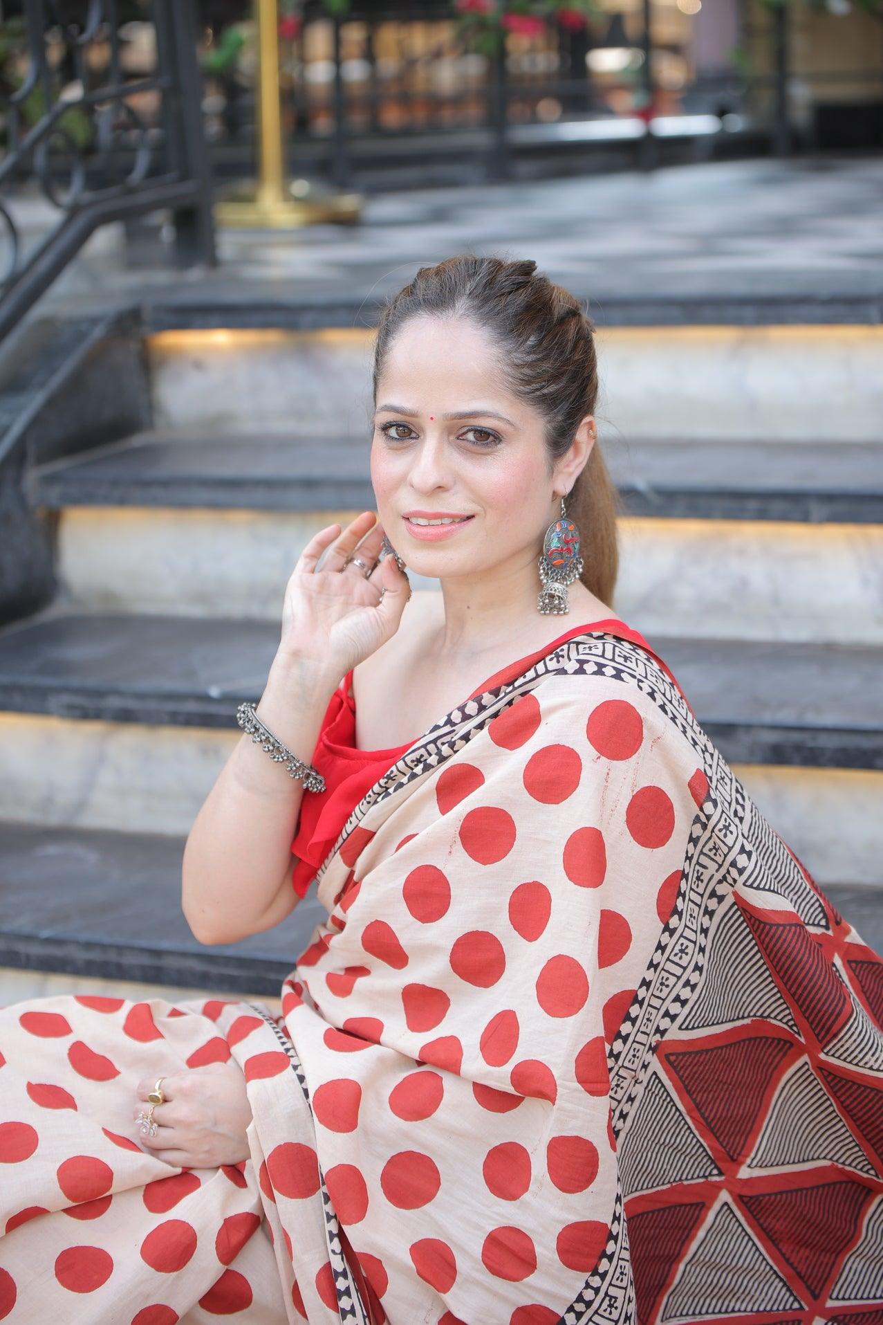 Beige Hand Block Printed Cotton Saree