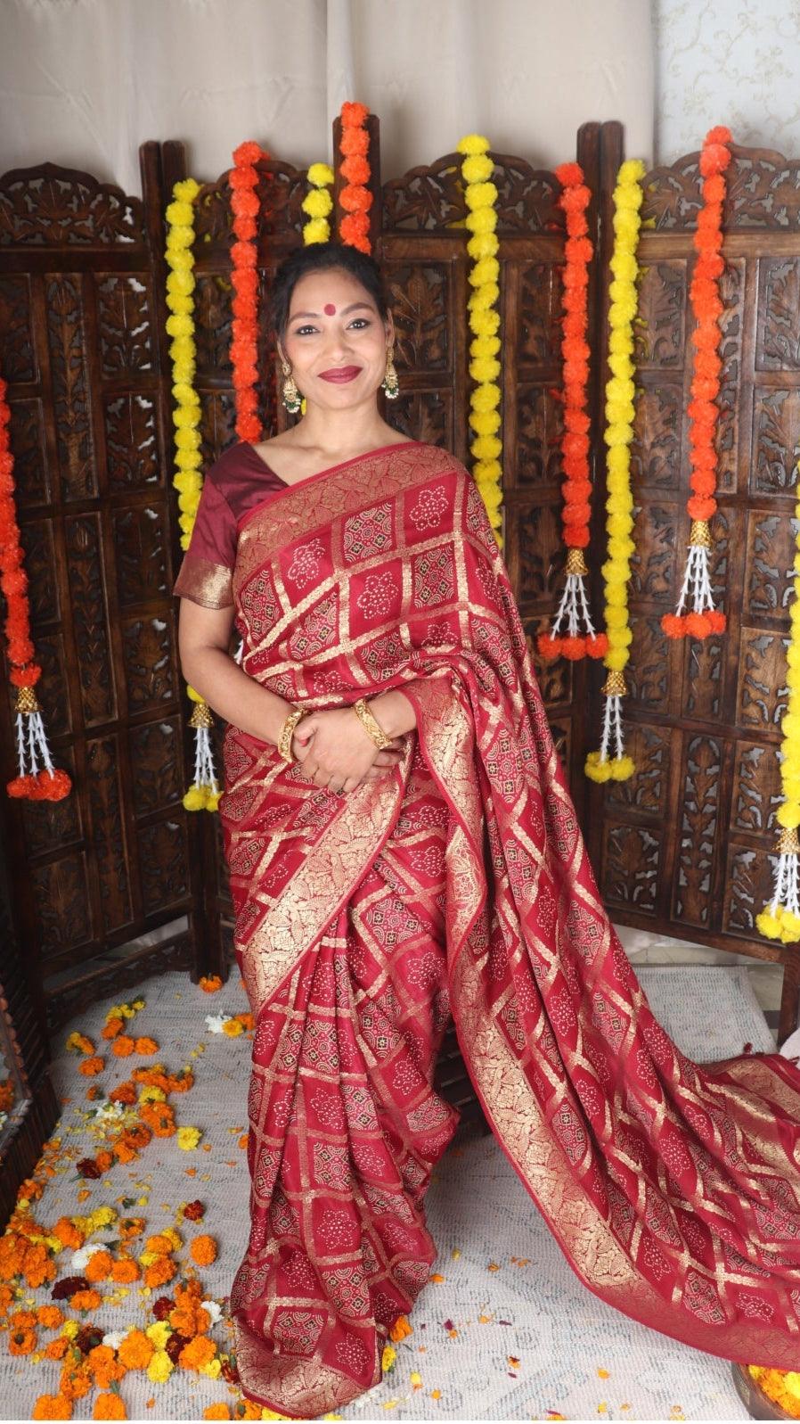 CHANDRIKA - Ajrakh Gharchola Red Modal Silk Saree - Vasaka Jaipur