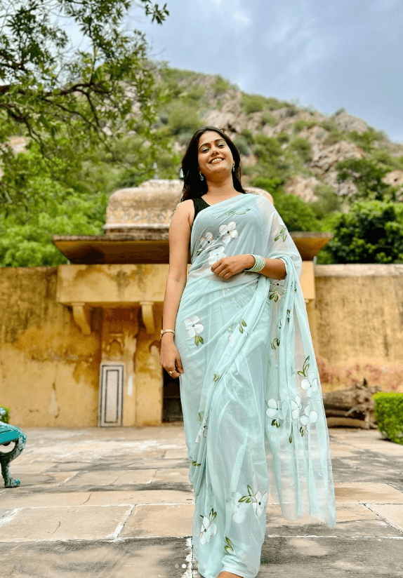 Sea Blue - Handpainted Chiffon Saree - Vasaka Jaipur