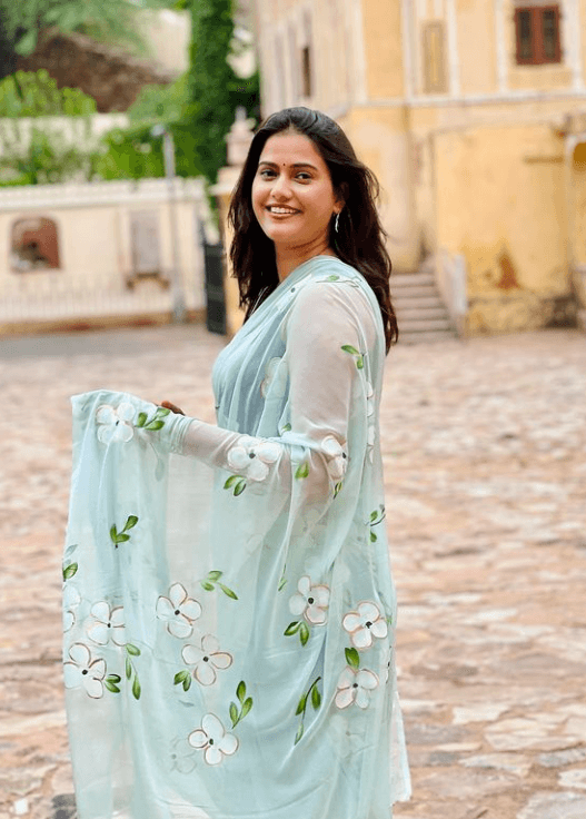 Sea Blue - Handpainted Chiffon Saree - Vasaka Jaipur