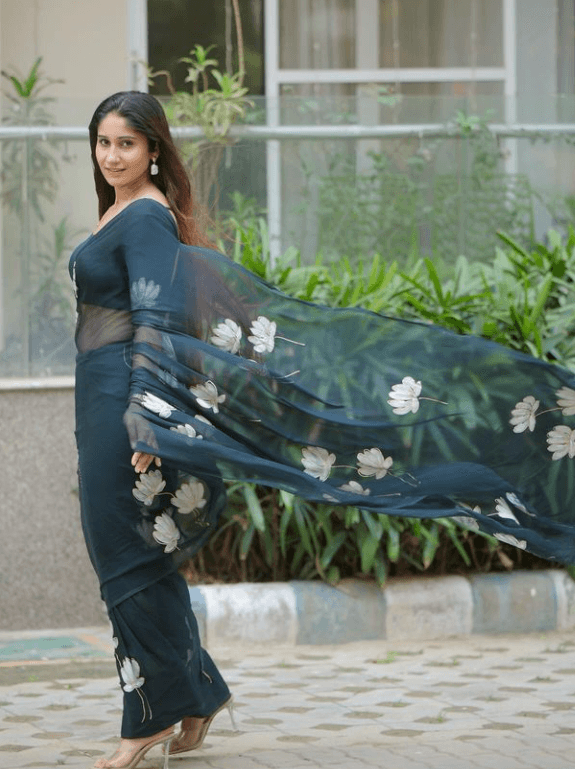 Priyanka - Black Handpainted Chiffon Saree - Vasaka Jaipur