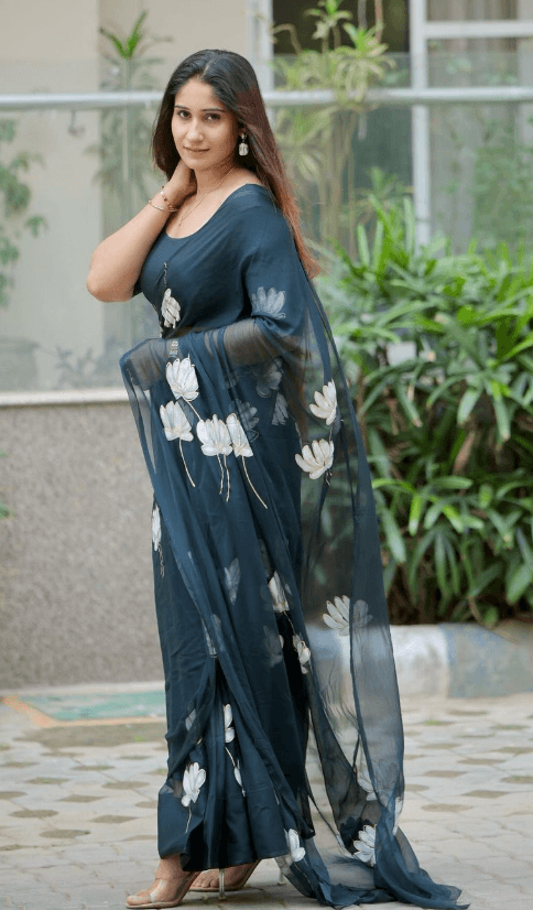 Priyanka - Black Handpainted Chiffon Saree - Vasaka Jaipur