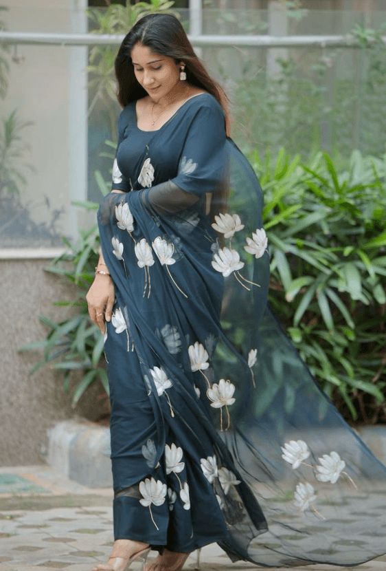 Priyanka - Black Handpainted Chiffon Saree - Vasaka Jaipur