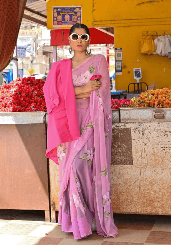 Lilac Pink - Handpainted Chiffon Saree - Vasaka Jaipur