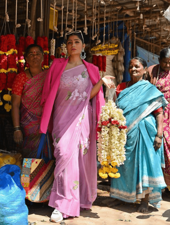 Lilac Pink - Handpainted Chiffon Saree - Vasaka Jaipur