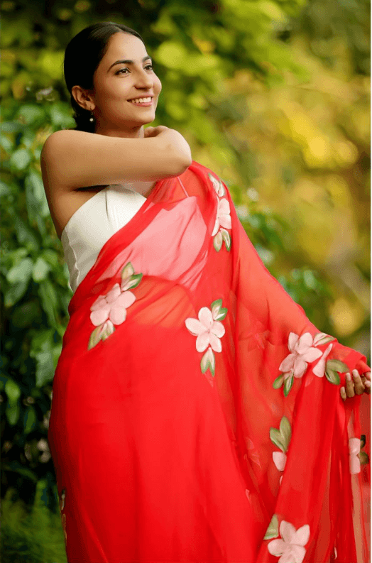 Shivani - Red Handpainted Chiffon Saree - Vasaka Jaipur