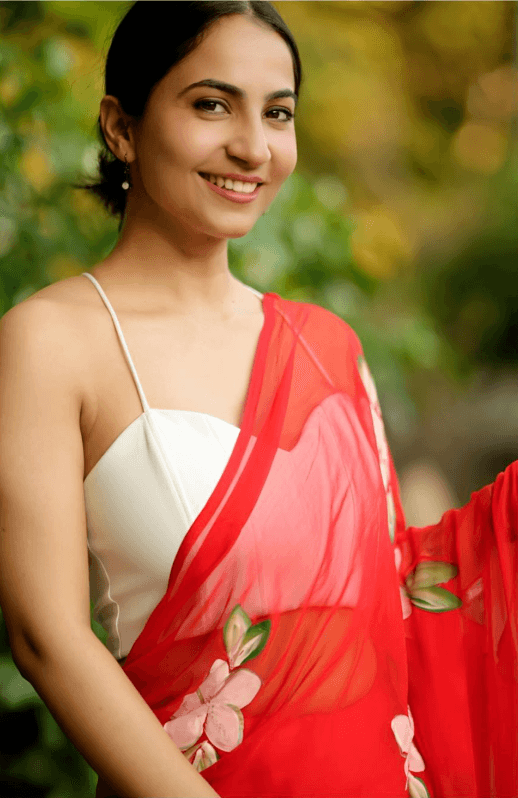 Shivani - Red Handpainted Chiffon Saree - Vasaka Jaipur