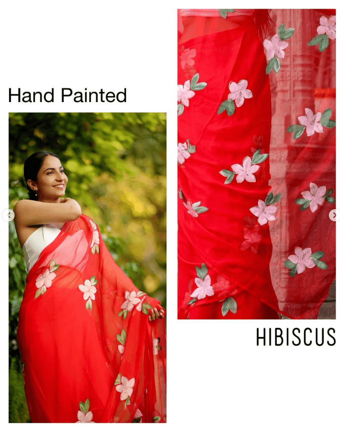 Shivani - Red Handpainted Chiffon Saree - Vasaka Jaipur