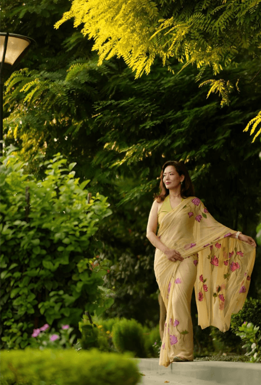 Neema - Beige Handpainted Chiffon Saree - Vasaka Jaipur