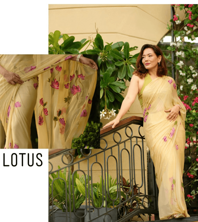Neema - Beige Handpainted Chiffon Saree - Vasaka Jaipur