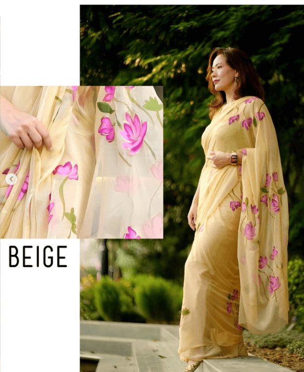 Neema - Beige Handpainted Chiffon Saree - Vasaka Jaipur