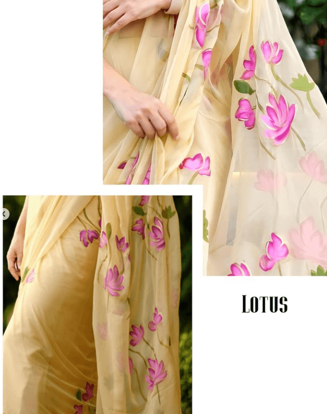Neema - Beige Handpainted Chiffon Saree - Vasaka Jaipur