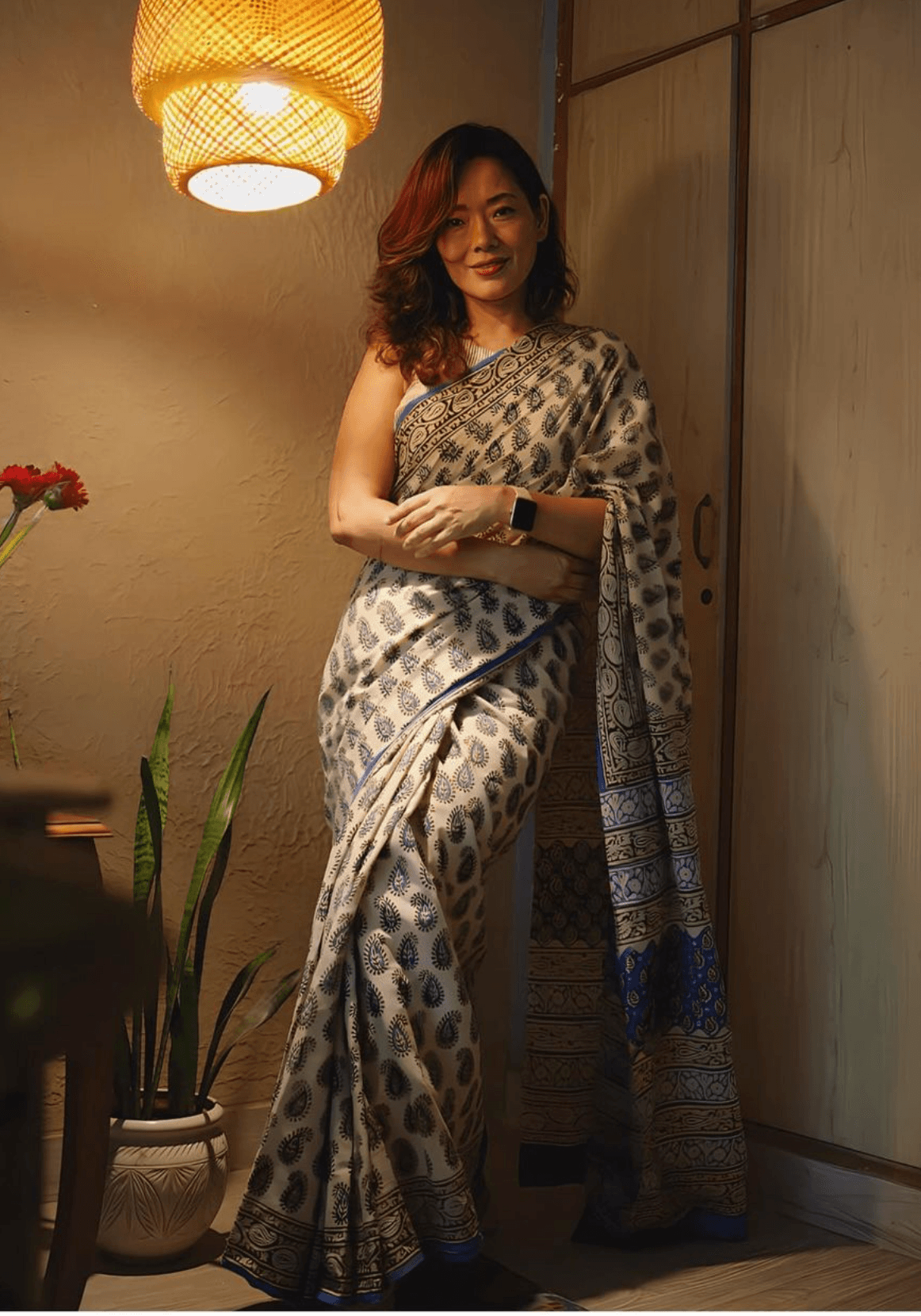Off White_ Blue Paisely Hand Block Printed Cotton Saree - Vasaka Jaipur