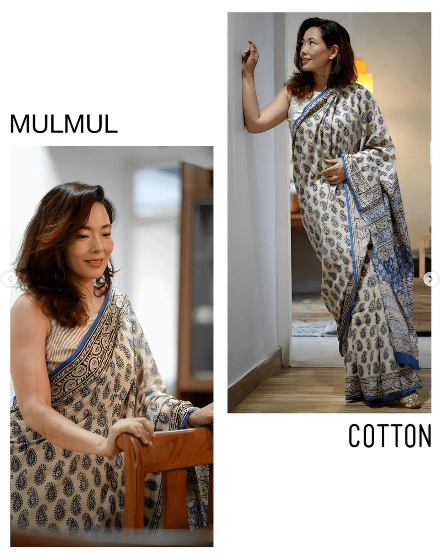 Off White_ Blue Paisely Hand Block Printed Cotton Saree - Vasaka Jaipur
