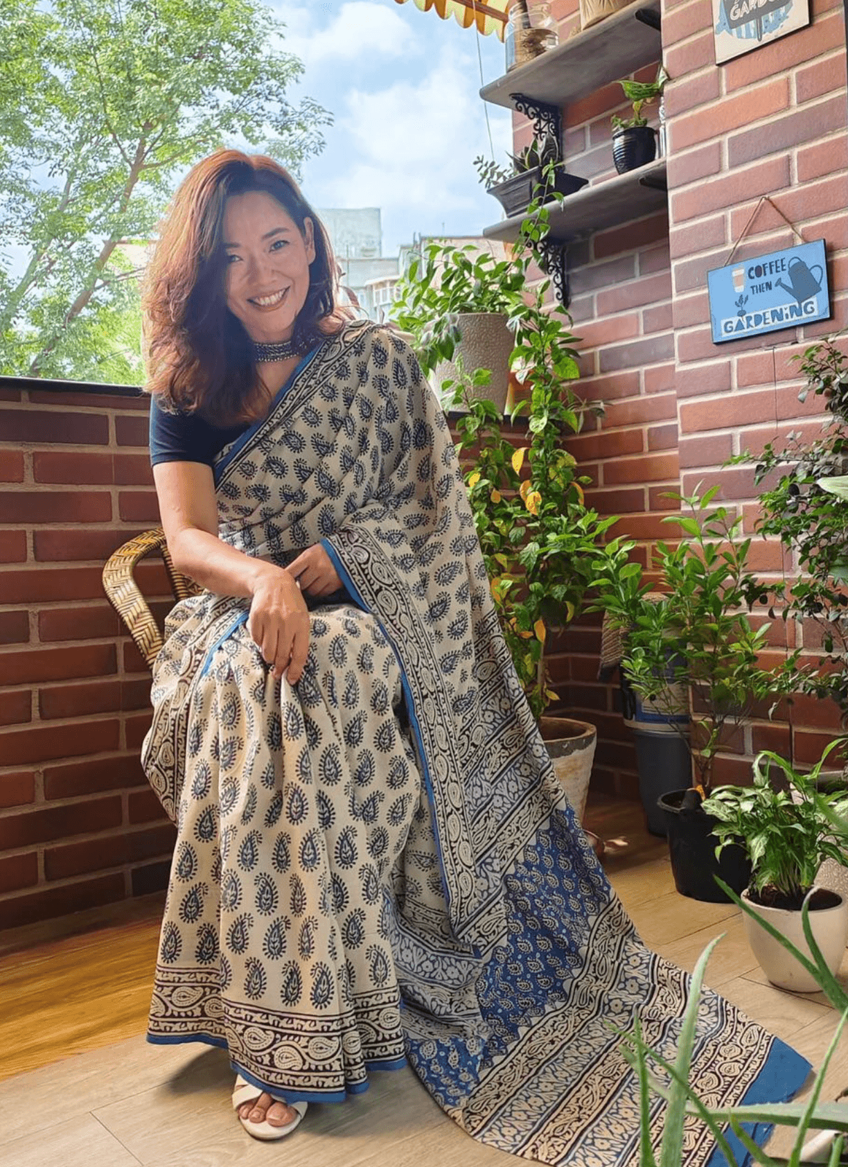 Off White_ Blue Paisely Hand Block Printed Cotton Saree - Vasaka Jaipur