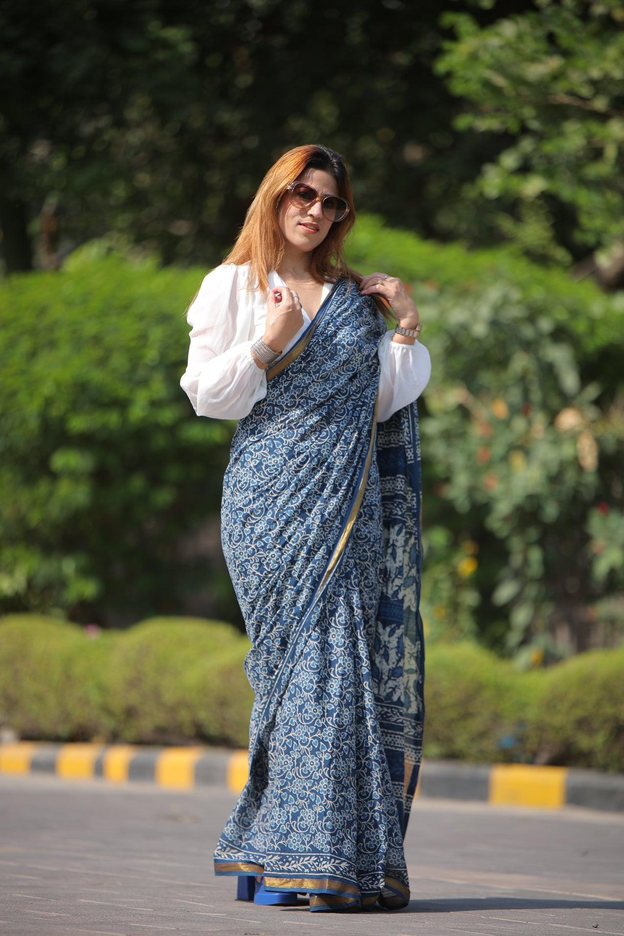 Indigo - Floral Net Print Mul Cotton Saree
