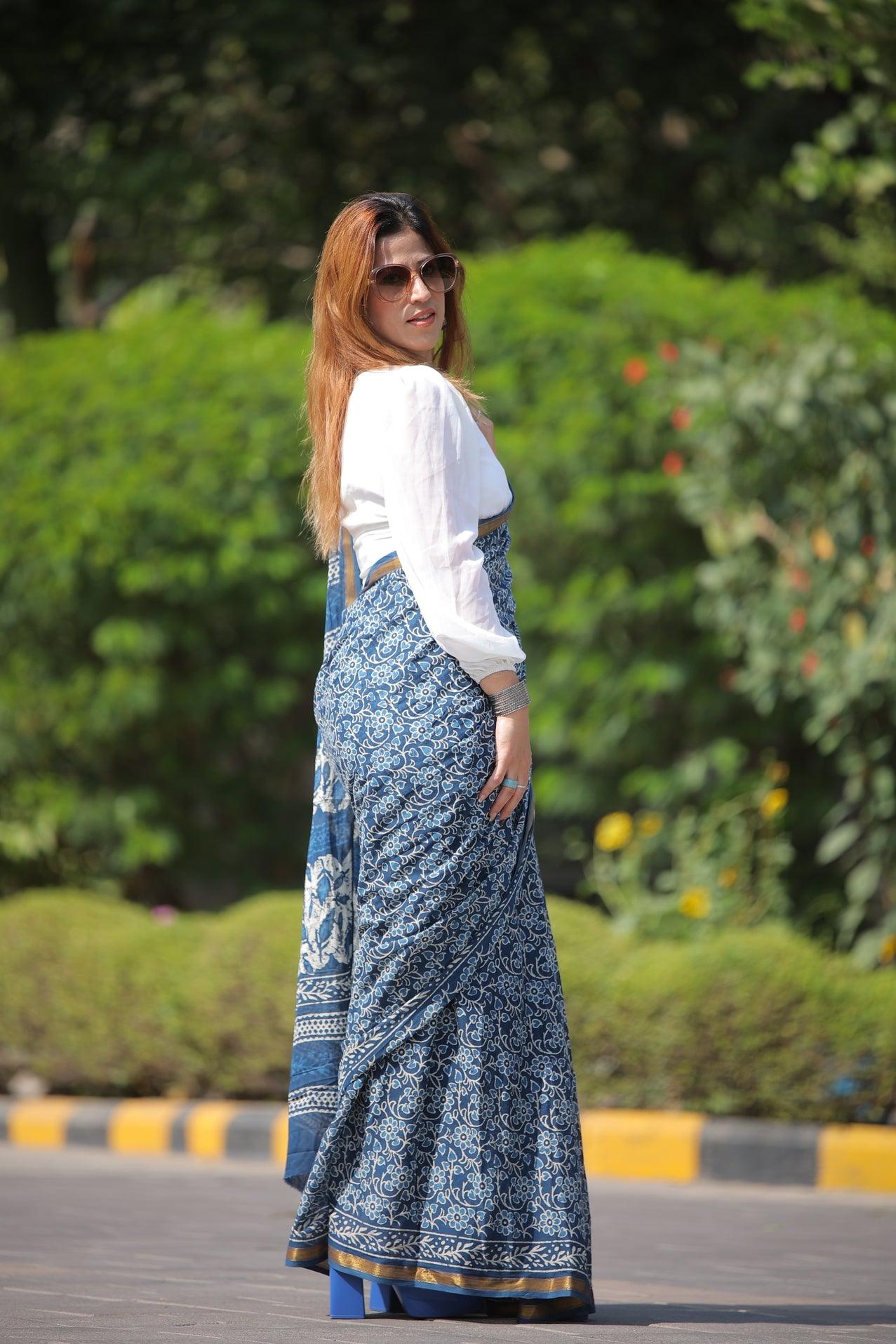 Indigo - Floral Net Print Mul Cotton Saree