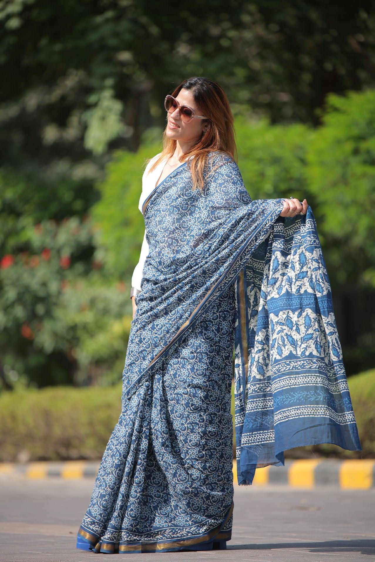 Indigo - Floral Net Print Mul Cotton Saree
