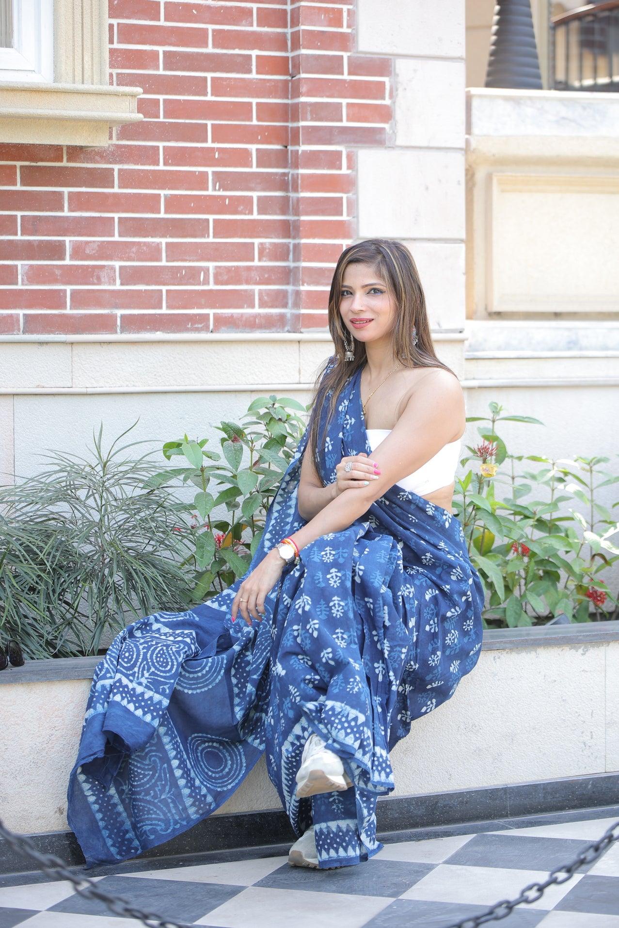 Indigo_ Mulmul Cotton Saree