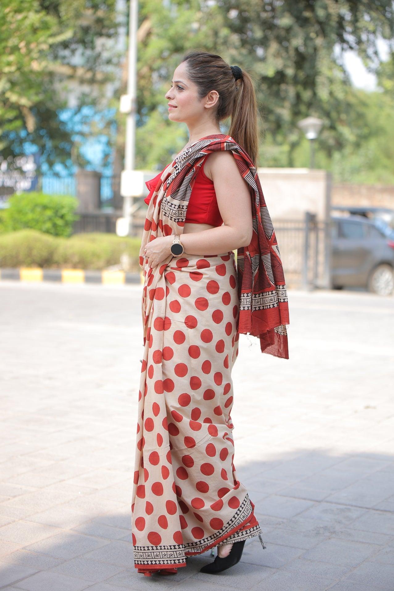 Beige Hand Block Printed Cotton Saree