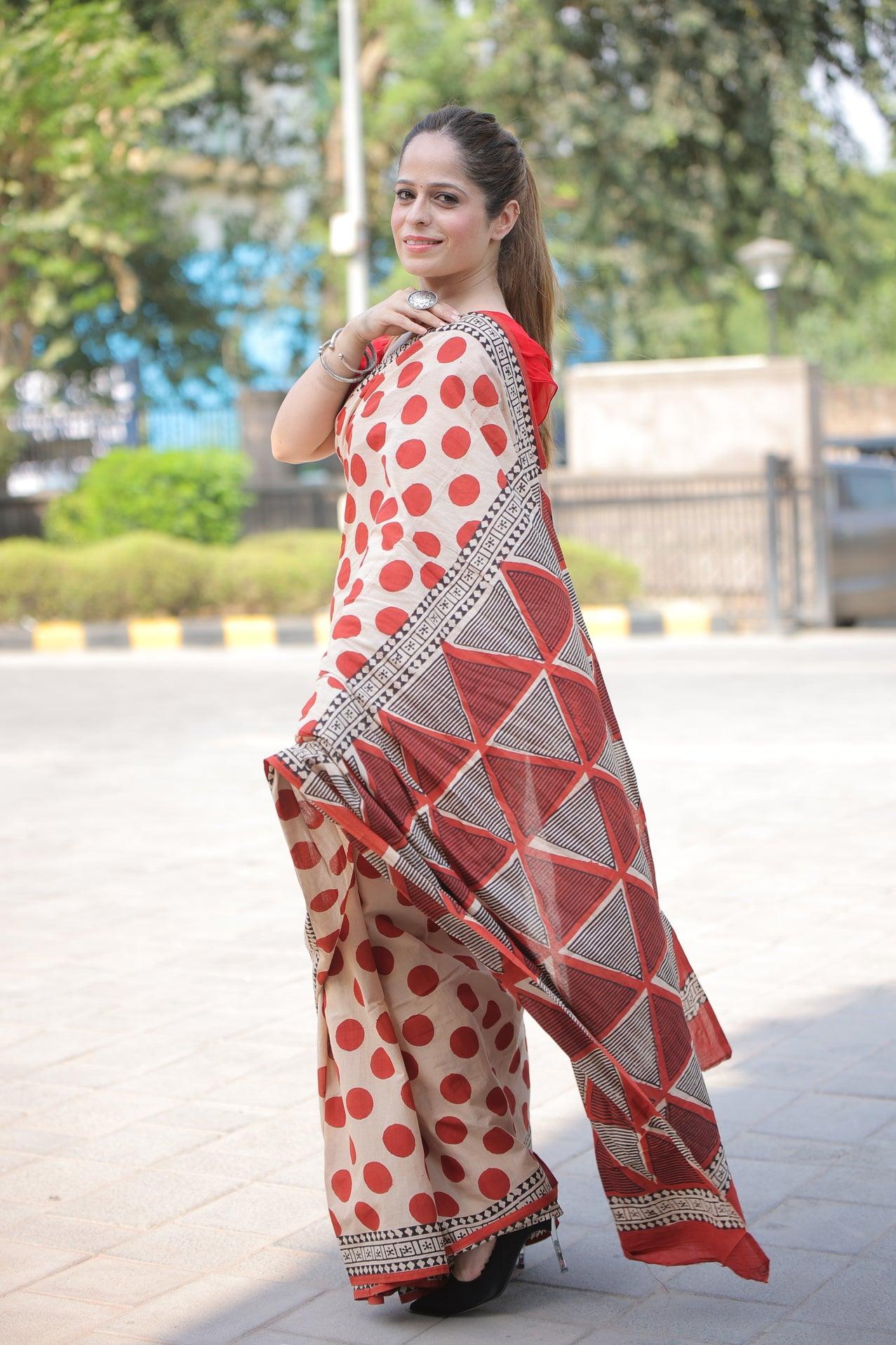 Beige Hand Block Printed Cotton Saree