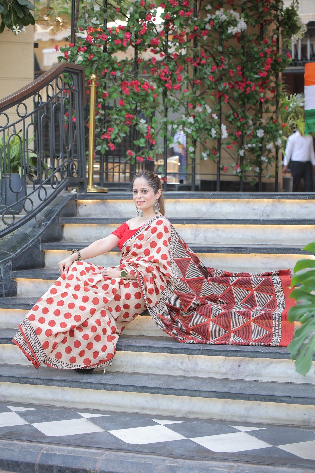 Beige Hand Block Printed Cotton Saree