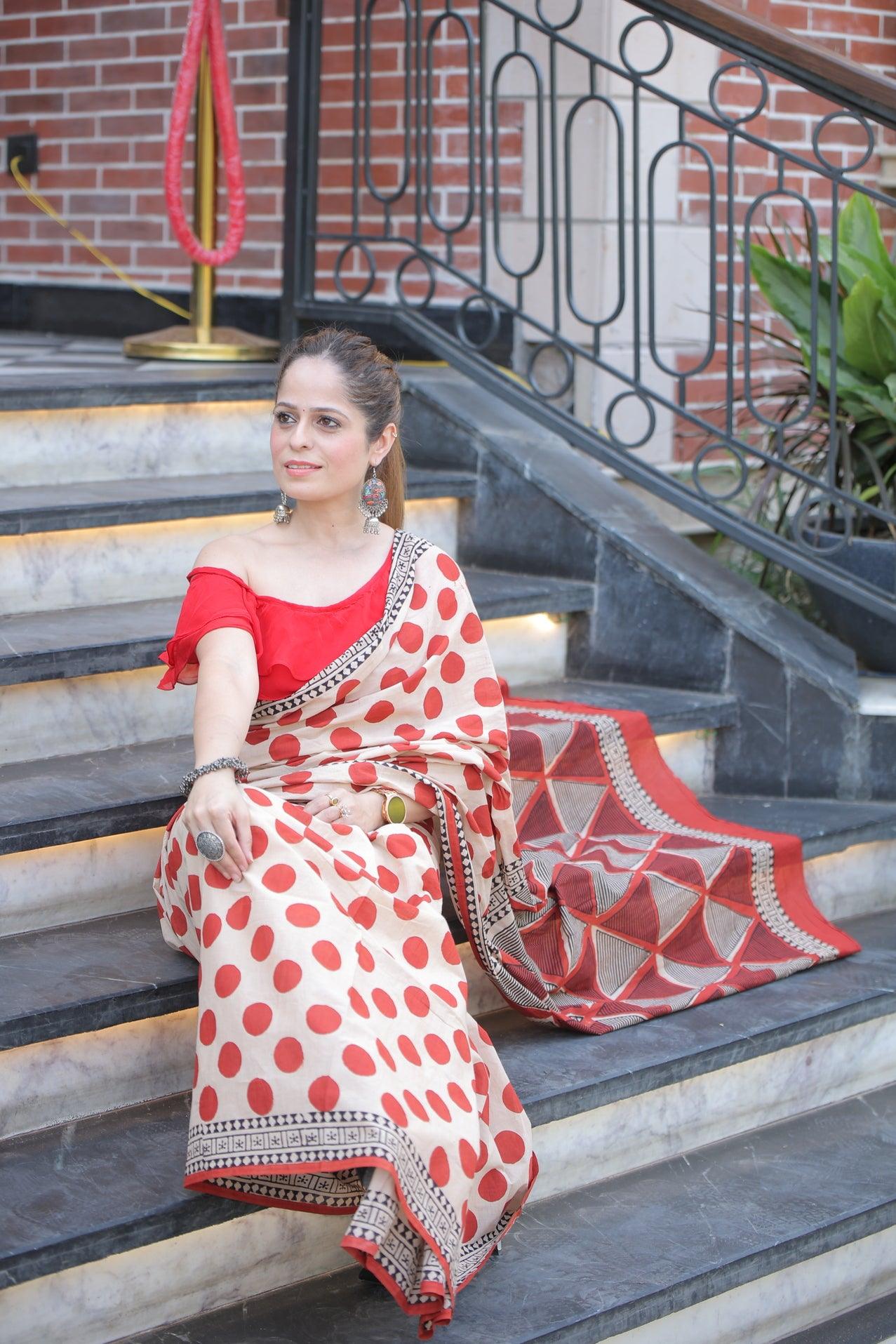 Beige Hand Block Printed Cotton Saree