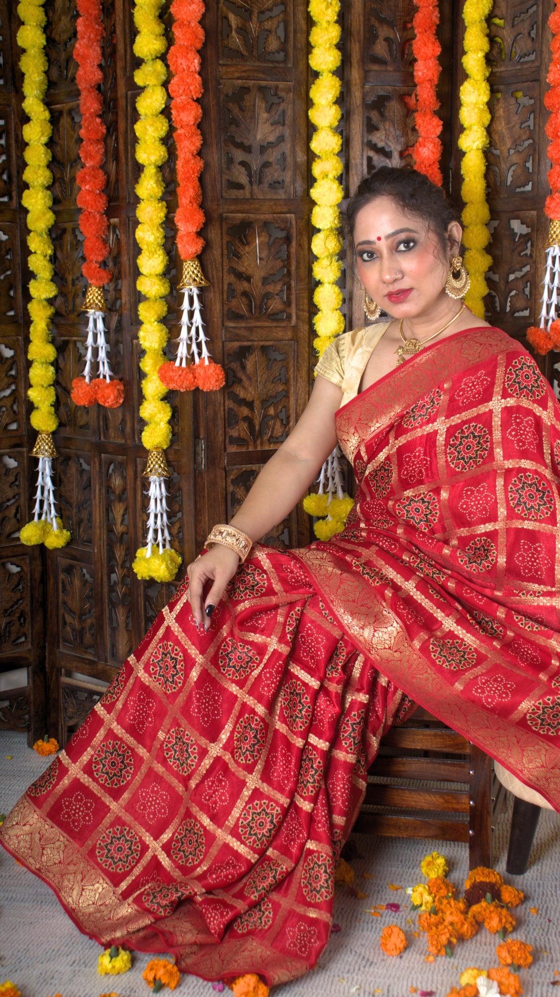 MRINALIKA - Ajrakh Gharchola Red Modal Silk Saree - Vasaka Jaipur
