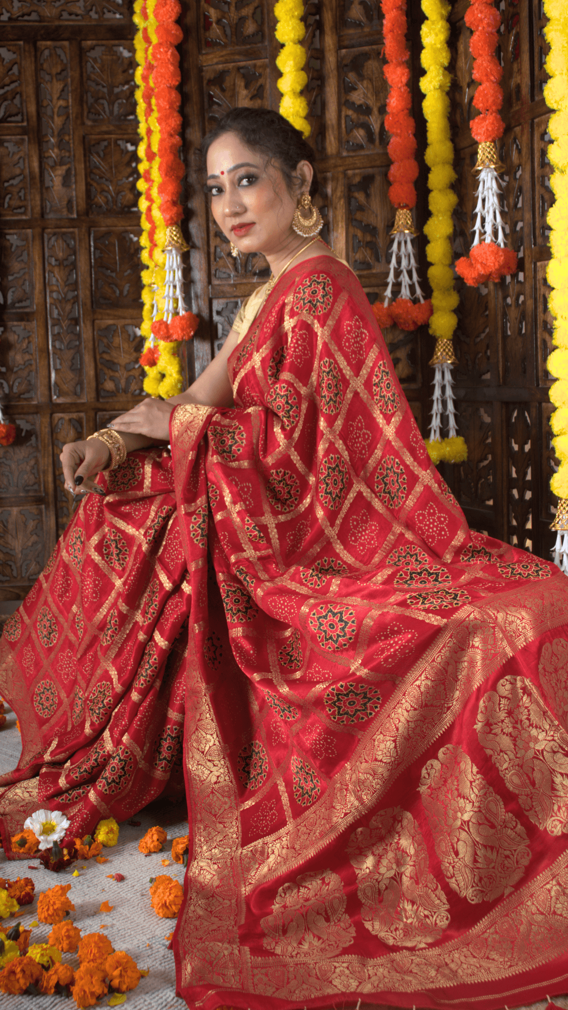 MRINALIKA - Ajrakh Gharchola Red Modal Silk Saree - Vasaka Jaipur