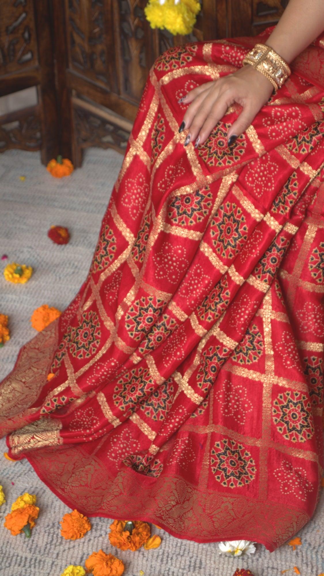 MRINALIKA - Ajrakh Gharchola Red Modal Silk Saree - Vasaka Jaipur