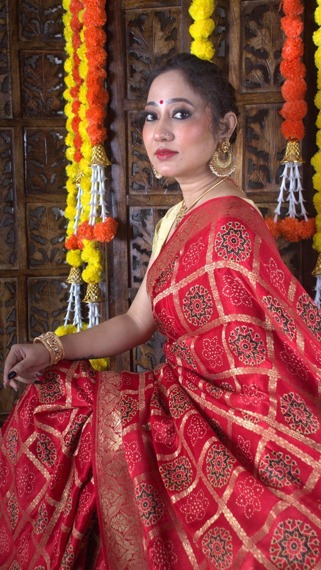 MRINALIKA - Ajrakh Gharchola Red Modal Silk Saree - Vasaka Jaipur