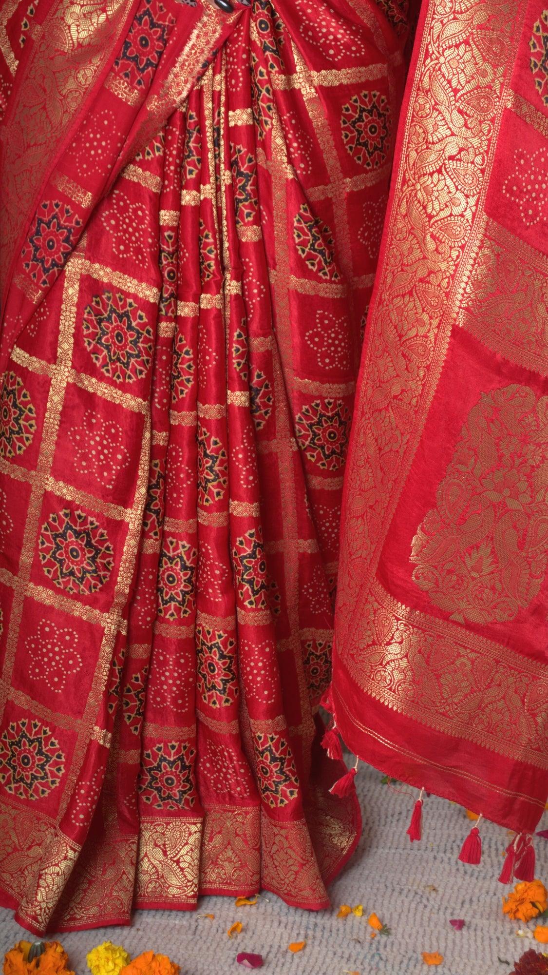 MRINALIKA - Ajrakh Gharchola Red Modal Silk Saree - Vasaka Jaipur