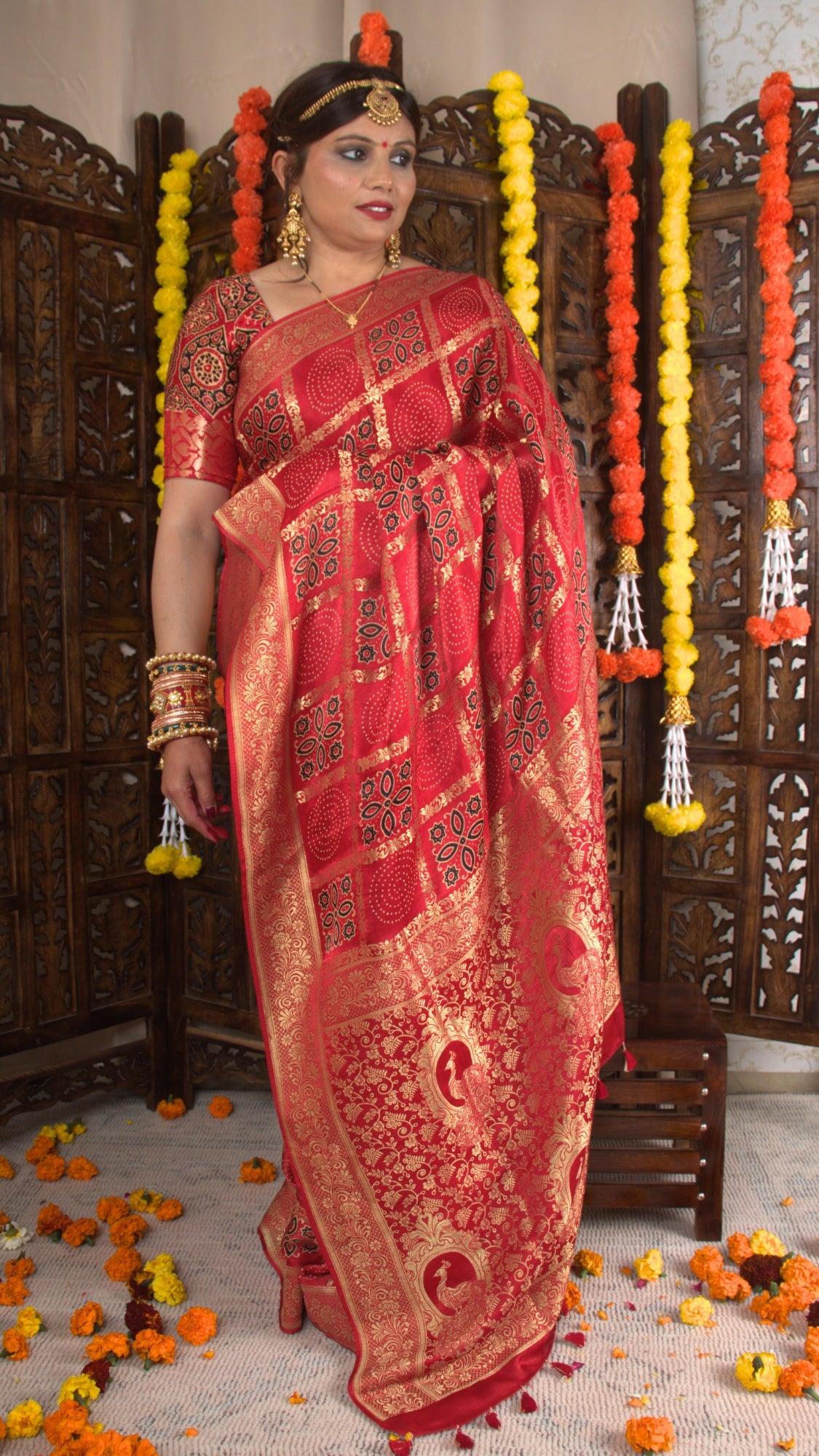KUMUDINI - Ajrakh Gharchola Red Modal Silk Saree - Vasaka Jaipur