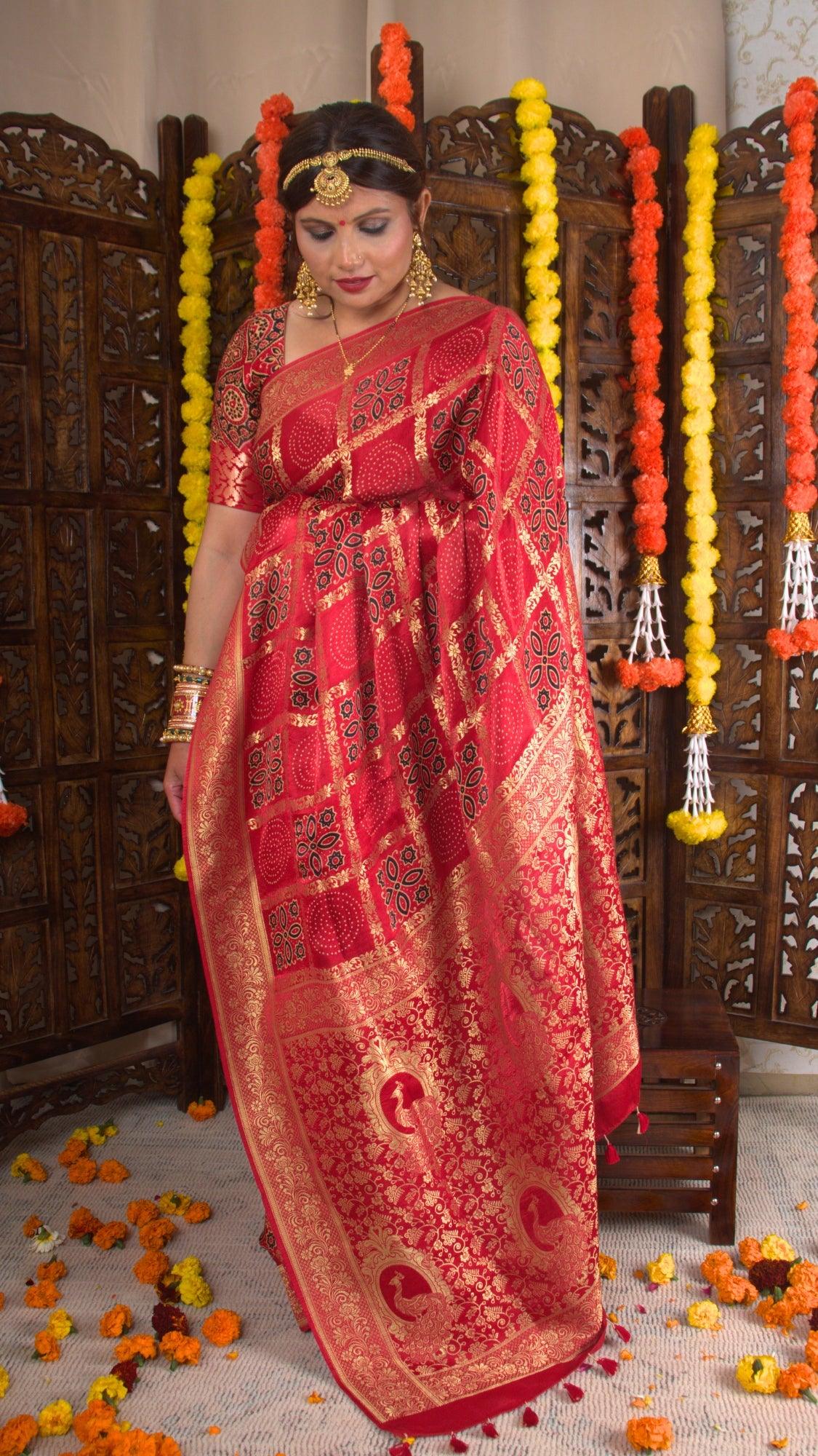 KUMUDINI - Ajrakh Gharchola Red Modal Silk Saree - Vasaka Jaipur