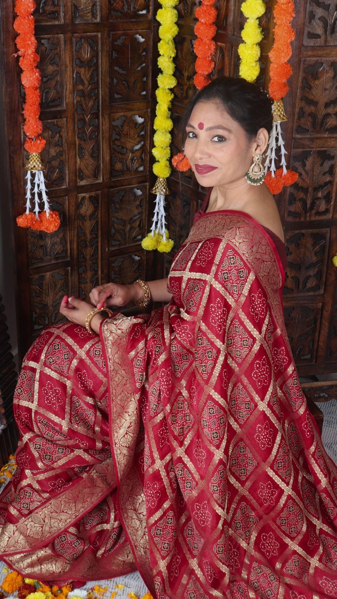 CHANDRIKA - Ajrakh Gharchola Red Modal Silk Saree - Vasaka Jaipur