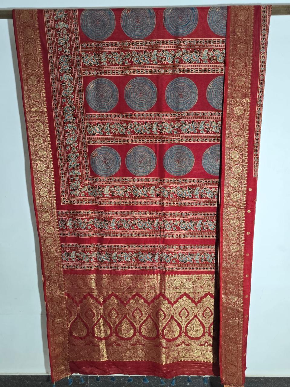 Red - Ajrakh Handblock Dola Silk Saree - Vasaka Jaipur