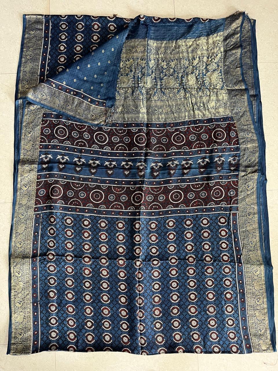 Indigo- Handblock printed ajrakh premium dola silk saree with meenakari pallu - Vasaka Jaipur