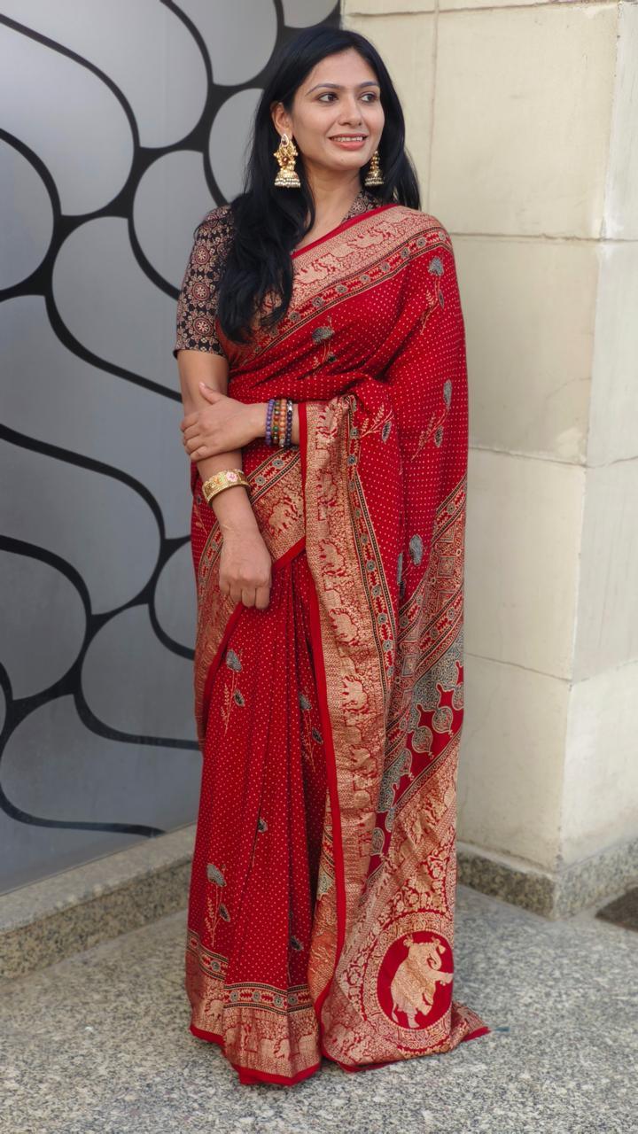 Red - Ajrakh Handblock Dola Silk Saree - Vasaka Jaipur