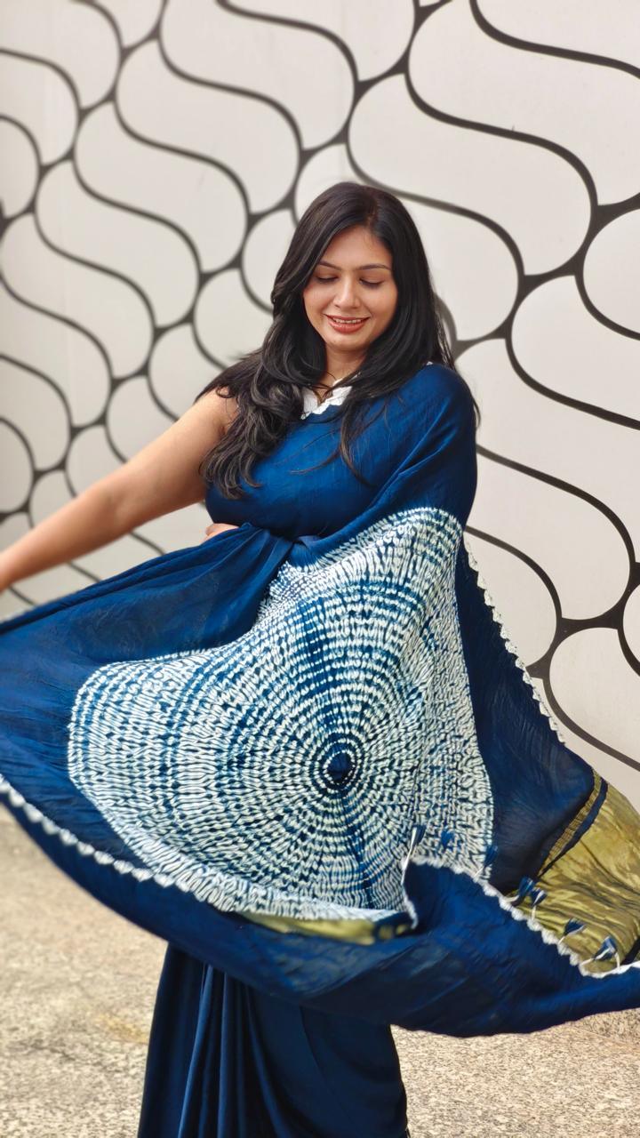 Royal Blue - Modal Saree With Kumo Shibori - Vasaka Jaipur