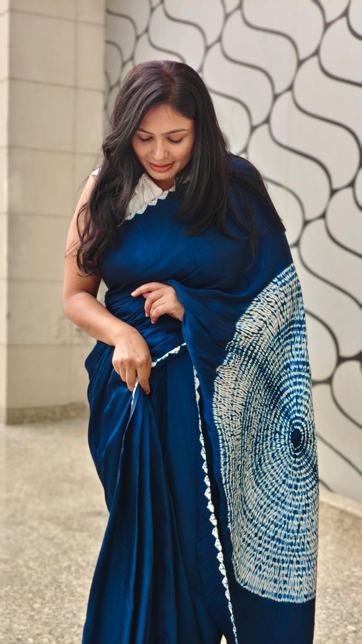Royal Blue - Modal Saree With Kumo Shibori - Vasaka Jaipur